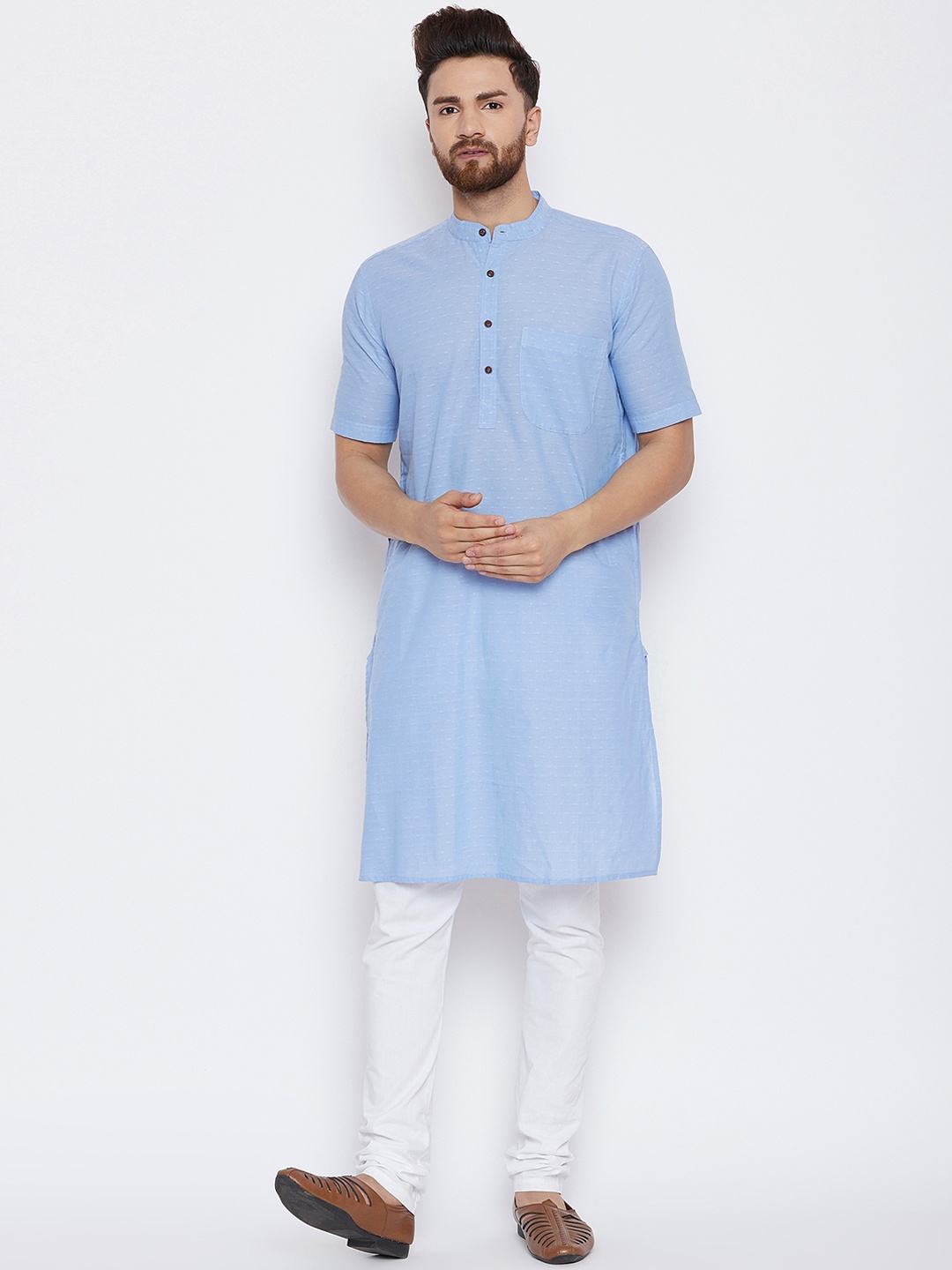 

even Men Blue & White Solid Kurta with Churidar