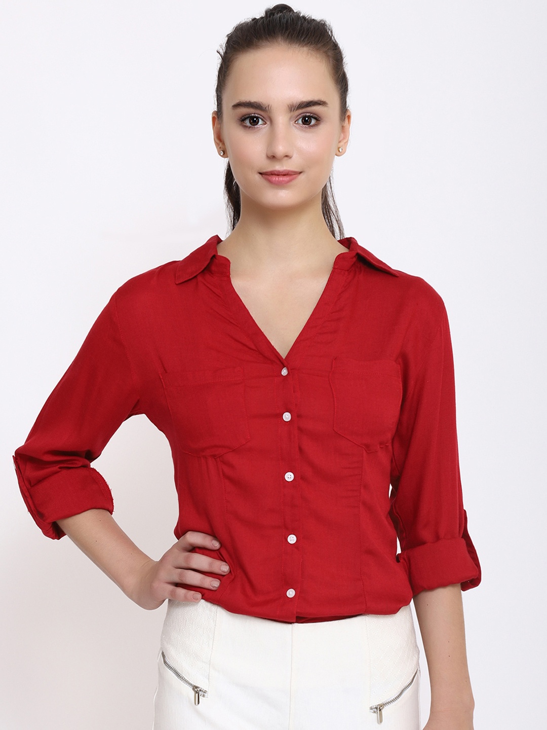 

PURYS Women Red Regular Fit Solid Formal Shirt