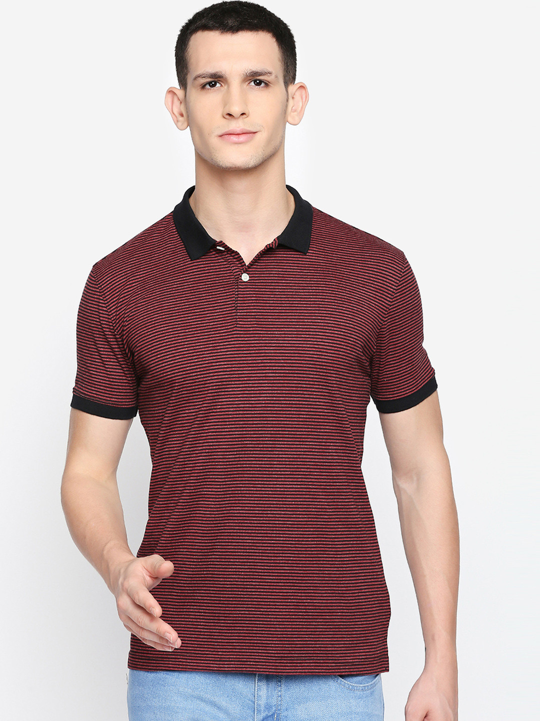 

BYFORD by Pantaloons Men Red Striped Polo Collar T-shirt