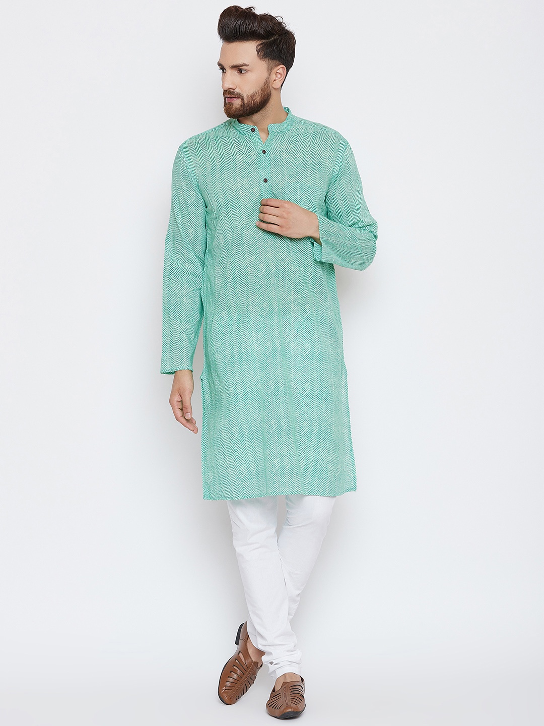 

even Men Sea Green & White Printed Kurta with Pyjamas