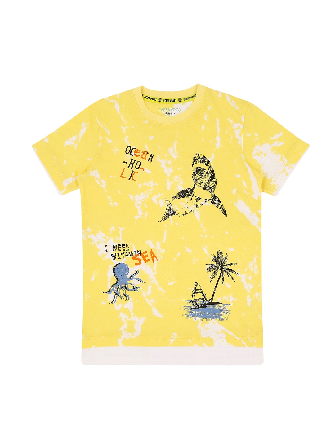 

Pantaloons Junior Boys Yellow Printed Round Neck Pure Cotton T-shirt