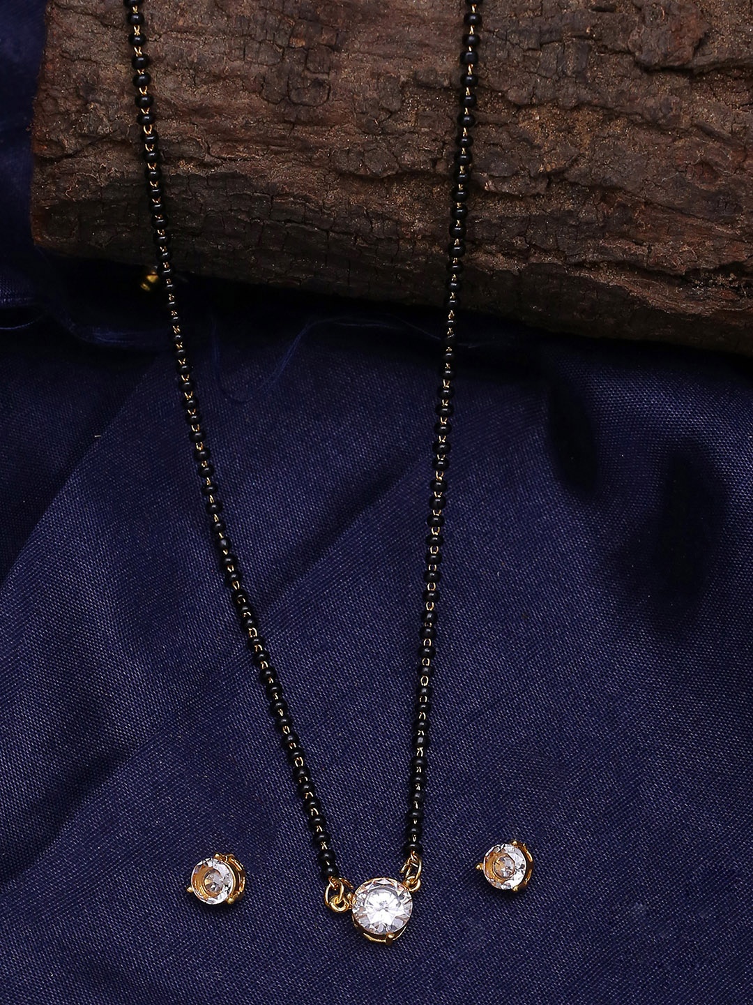 

Shoshaa Women Black Gold-Plated CZ-Studded Mangalsutra with Earrings Set