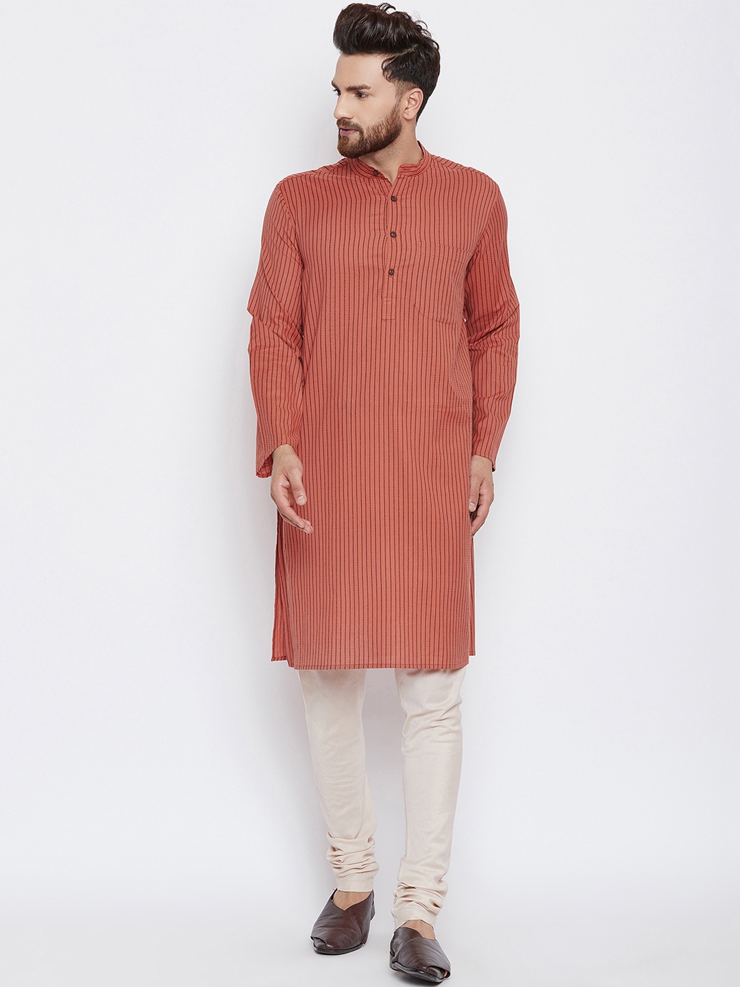 

even Men Brown & Off White Striped Kurta with Pyjamas