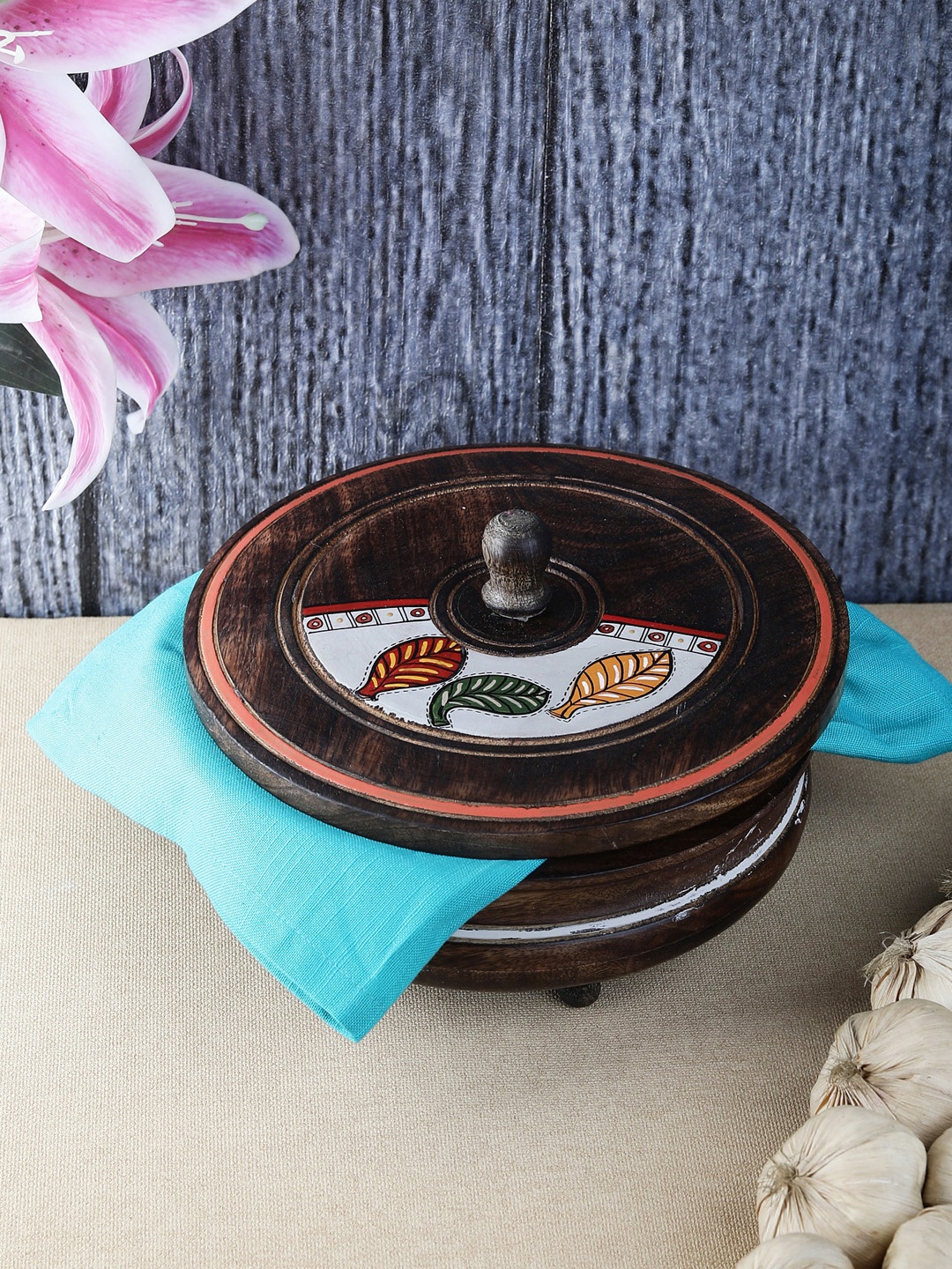 

VarEesha Brown Printed Wooden Serving Bowl with Lid