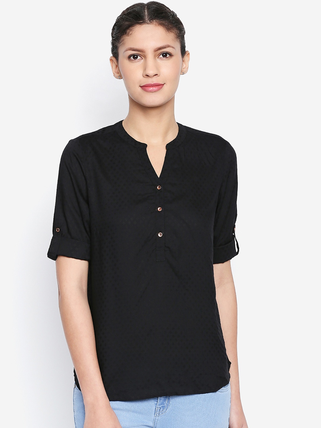 

Honey by Pantaloons Women Black Self Design Shirt Style Top