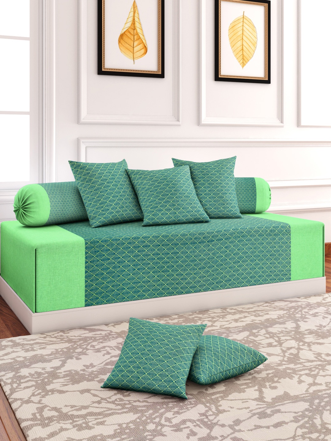 

Soumya Set Of 6 Green Printed Diwan Set