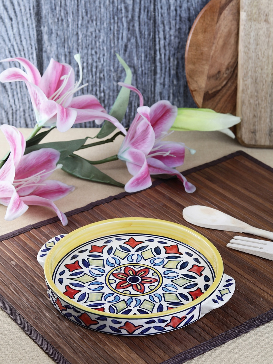

VarEesha Multicoloured Printed Ceramic Round Serving Plate, Multi