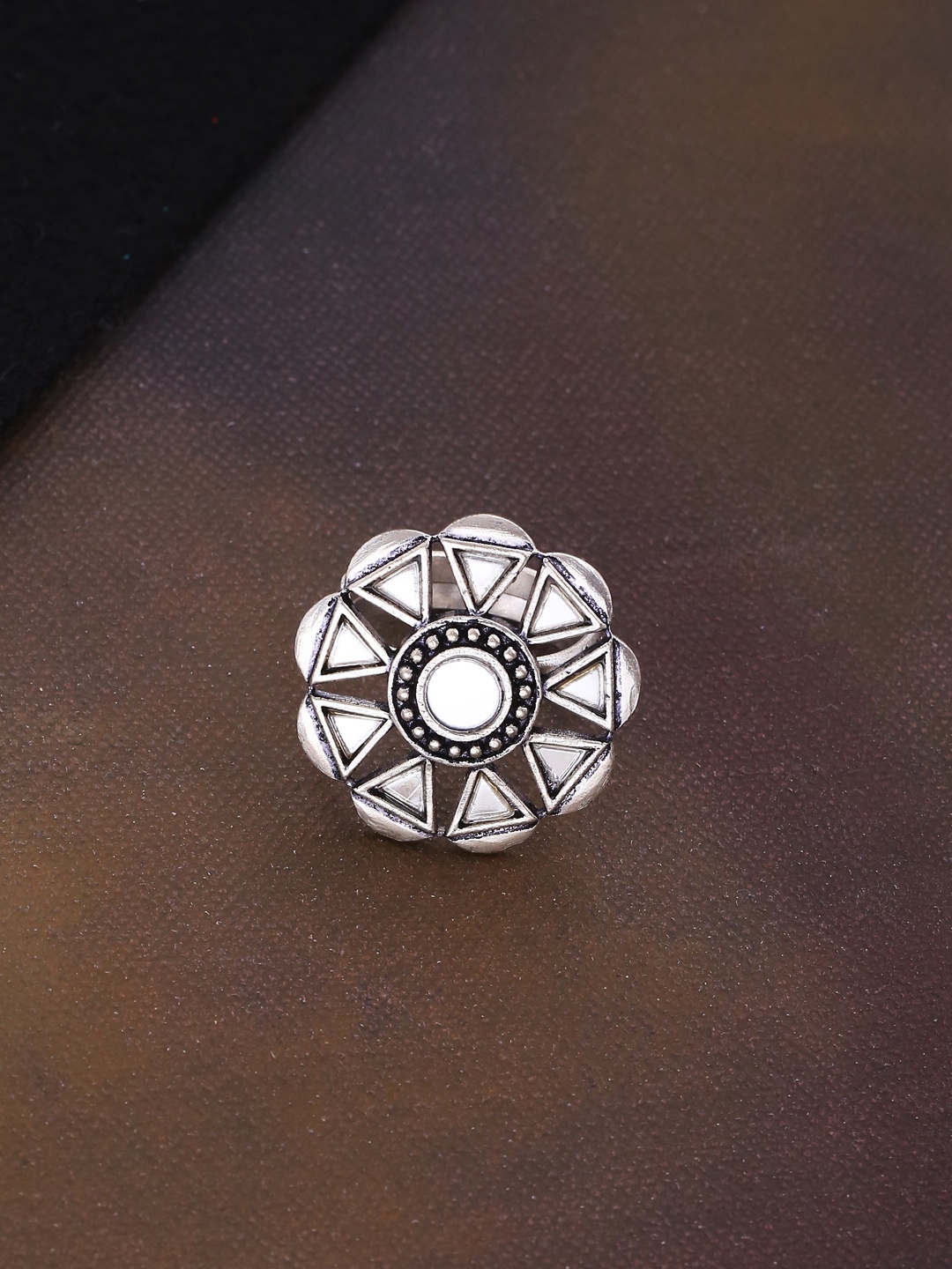 

Voylla Women Oxidised Silver-Plated Mirror Embellished Adjustable Finger Ring