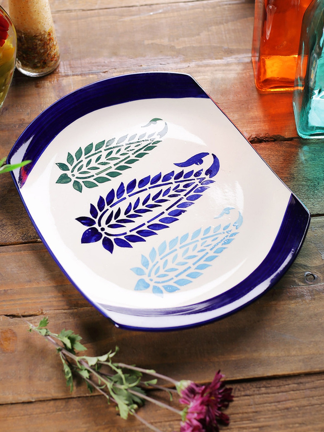 

VarEesha Off-White Printed Ceramic Rectangular Rice Plate