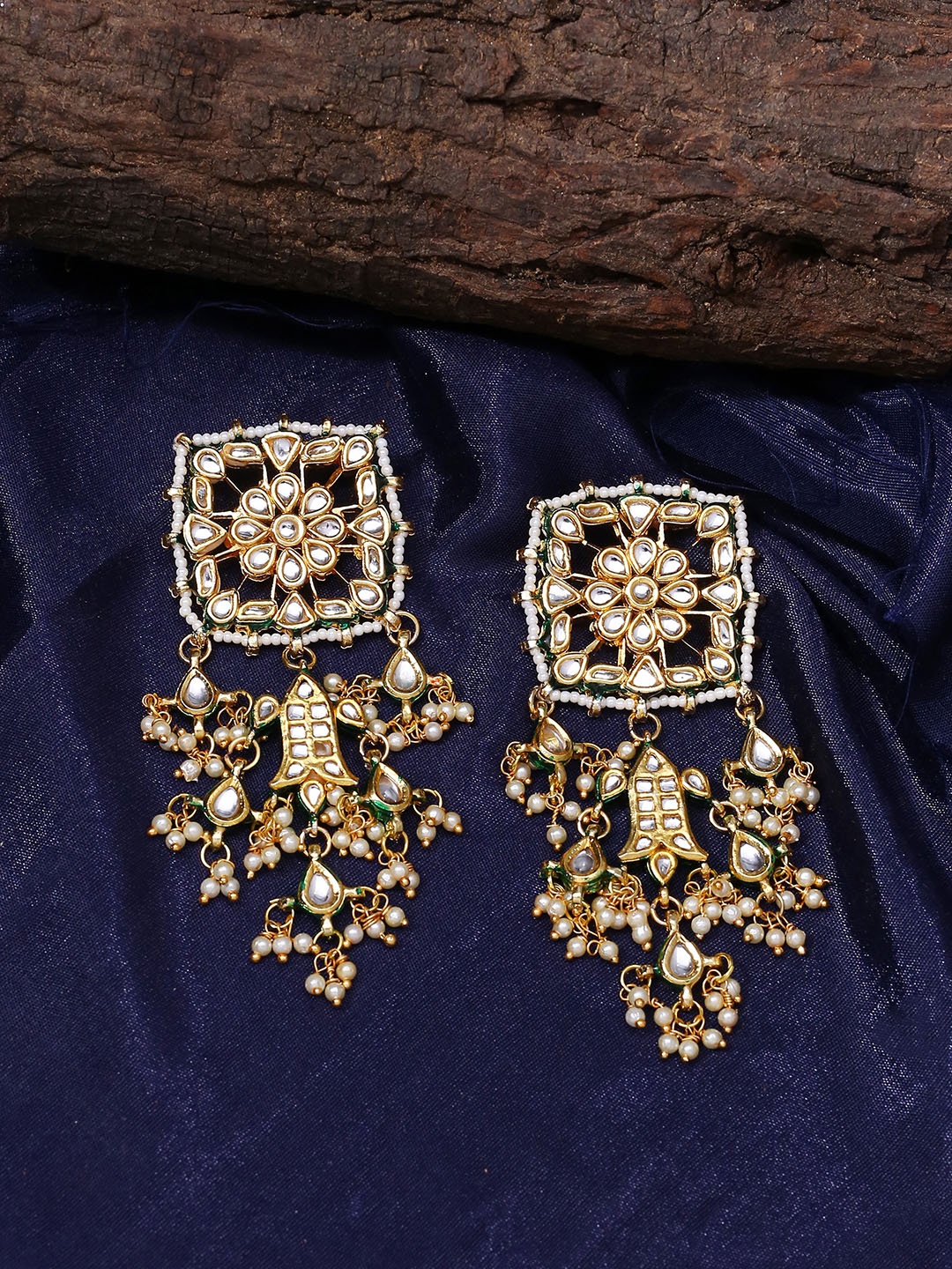 

Shoshaa Gold-Plated Kundan Studded Geometric Drop Earrings