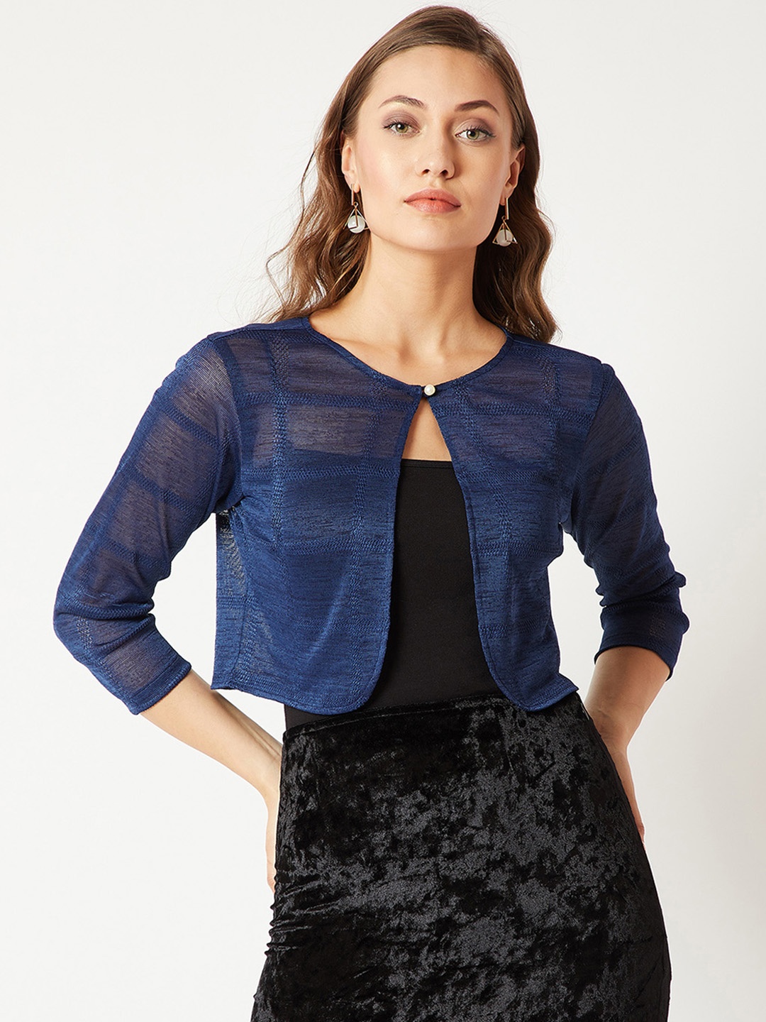 

Miss Chase Navy Blue Solid Button Shrug