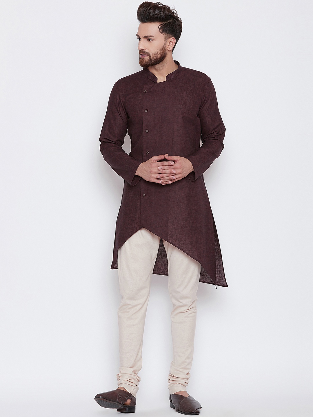 

even Men Maroon & Off White Solid Kurta with Pyjamas