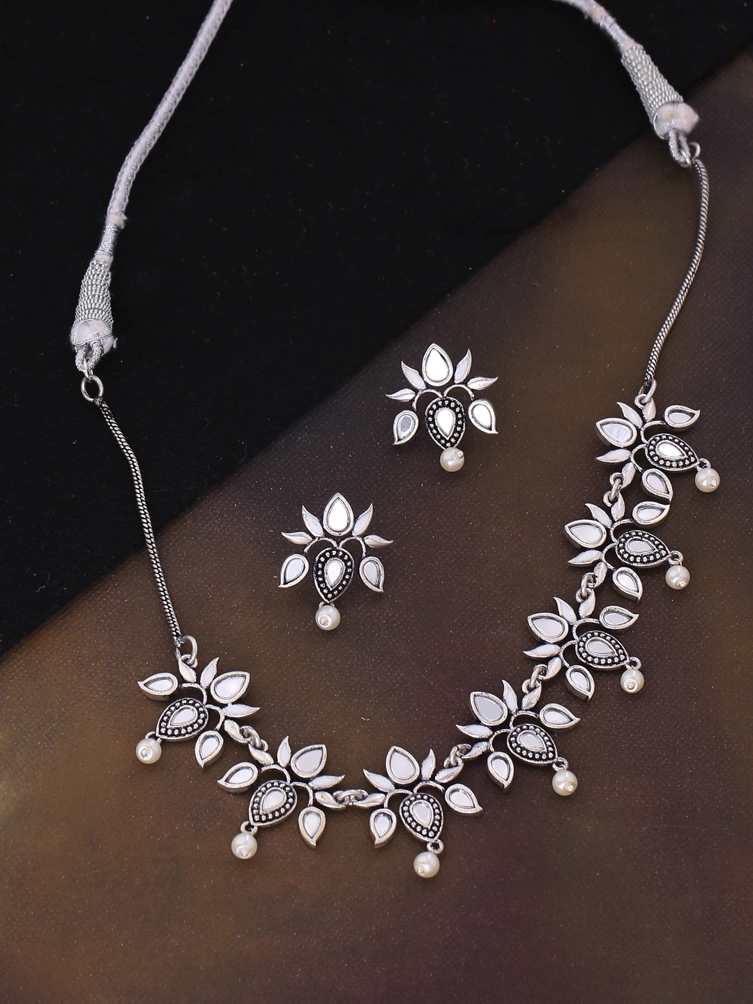 

Voylla Women Oxidised Silver-Plated & White Pearl Embellished Jewellery Set