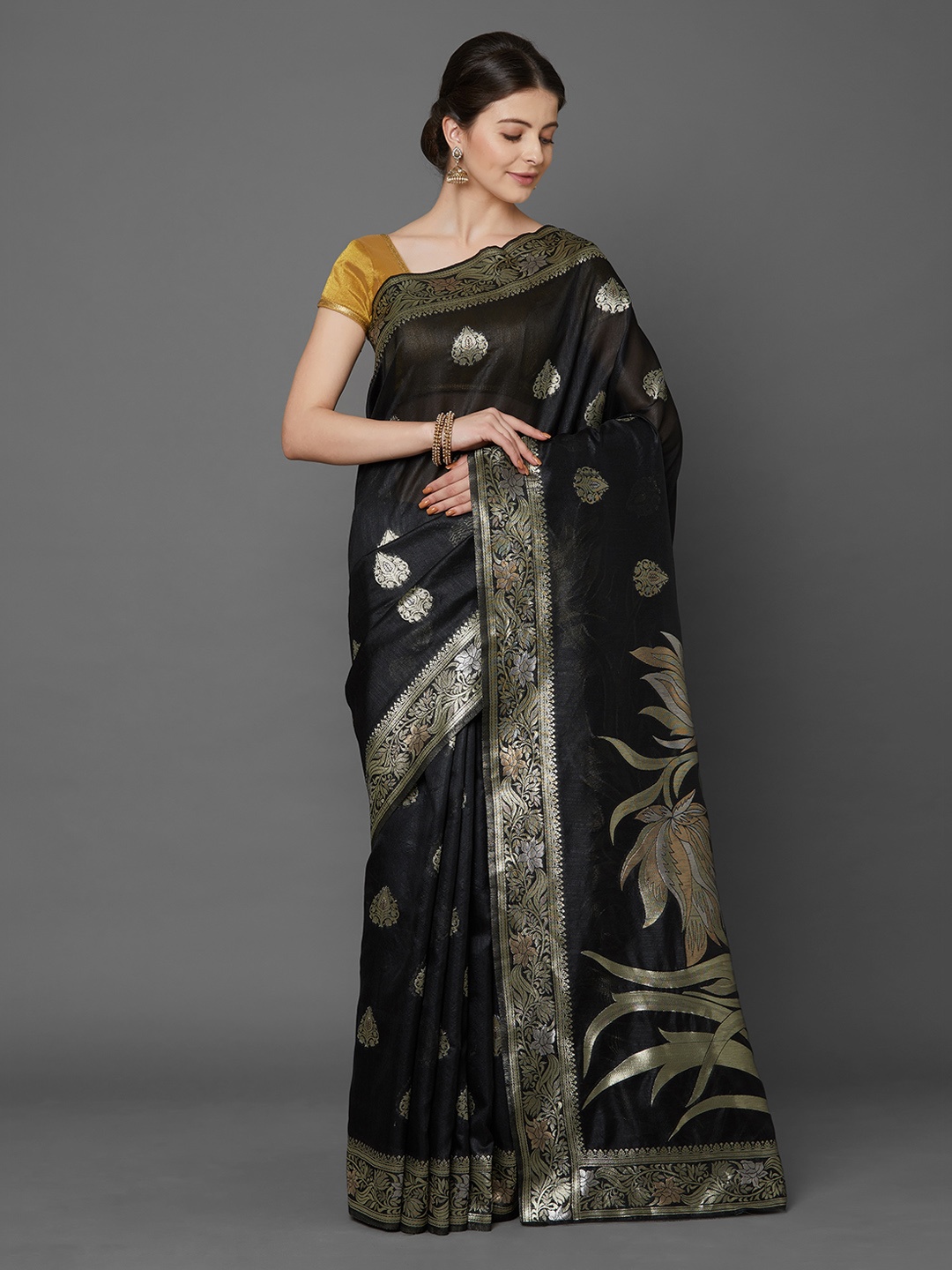 

Mitera Black & Gold-Toned Silk Blend Printed Banarasi Saree