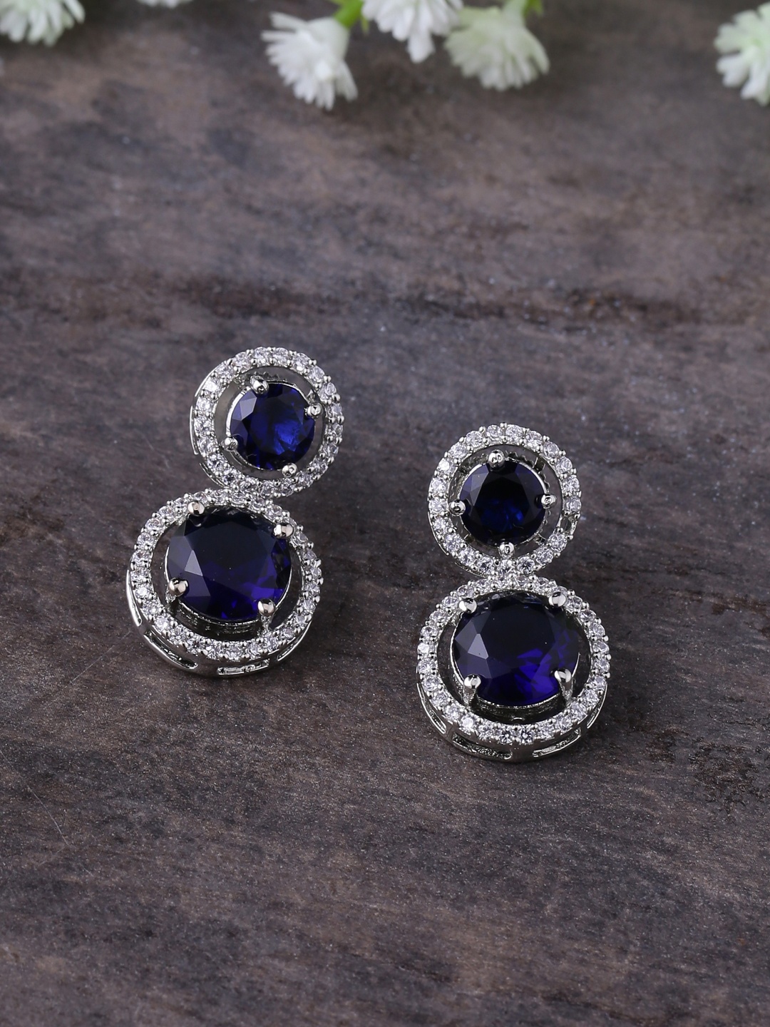 

Shoshaa Blue & Silver-Plated Cubic Zirconia Circular Drop Earrings