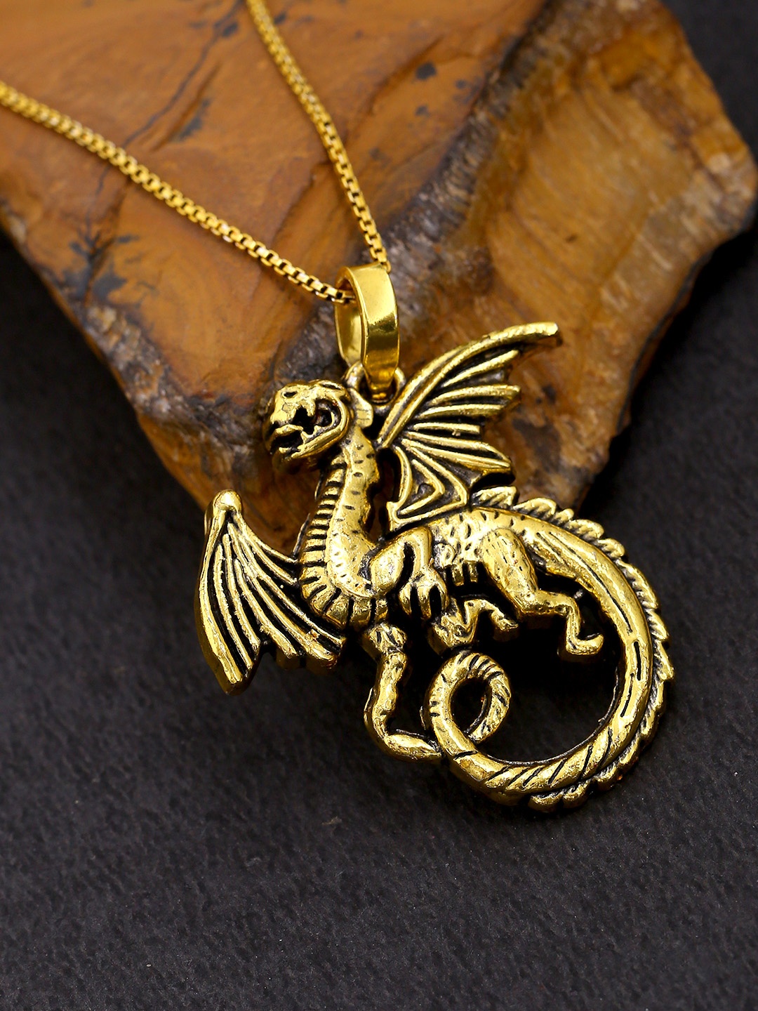 

Dare by Voylla Men Oxidised Gold-Plated Dragon-Shaped Pendant With Chain