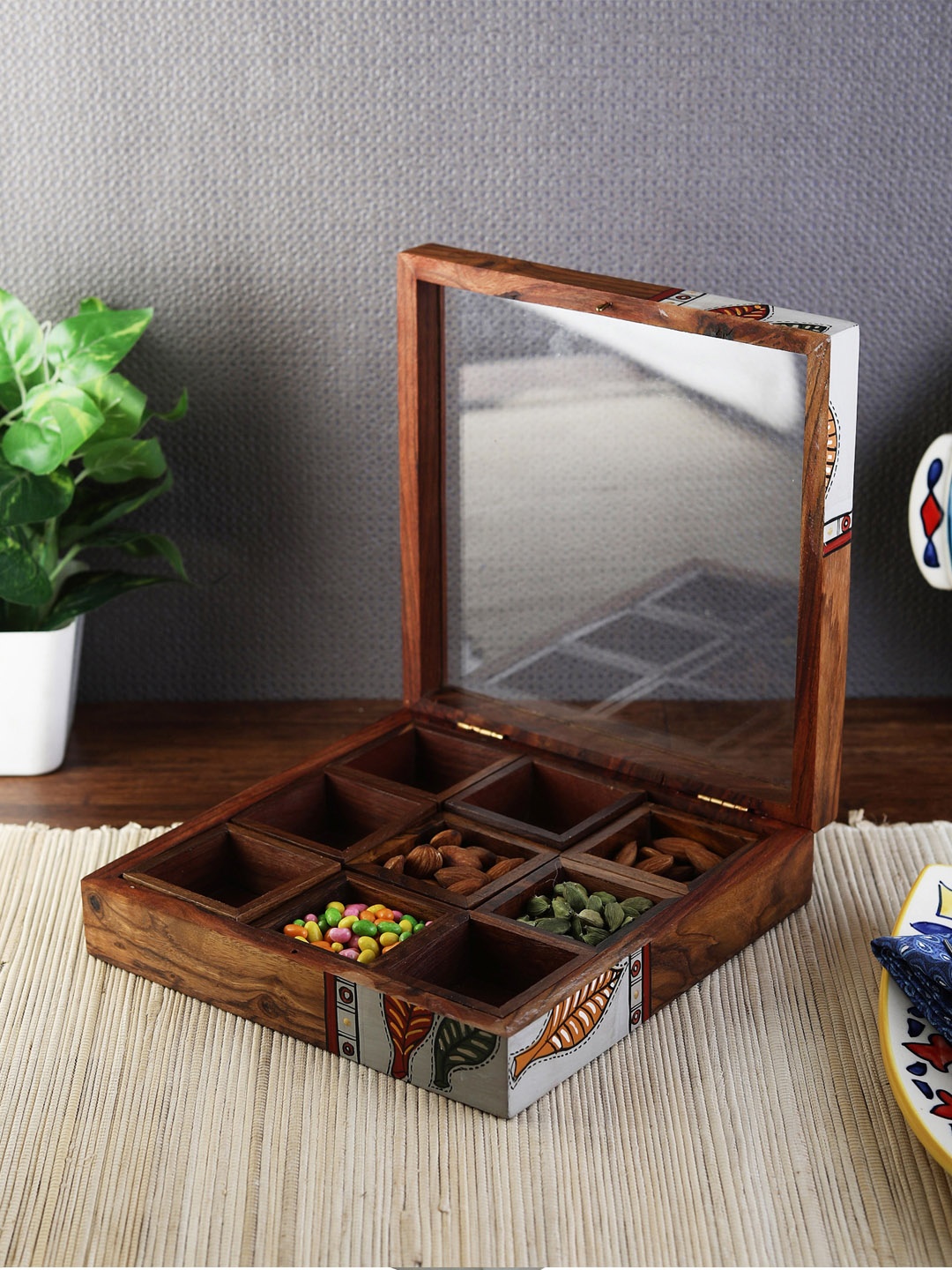 

VarEesha Brown Mango Wood Hand-Painted Box with 9 Partitions