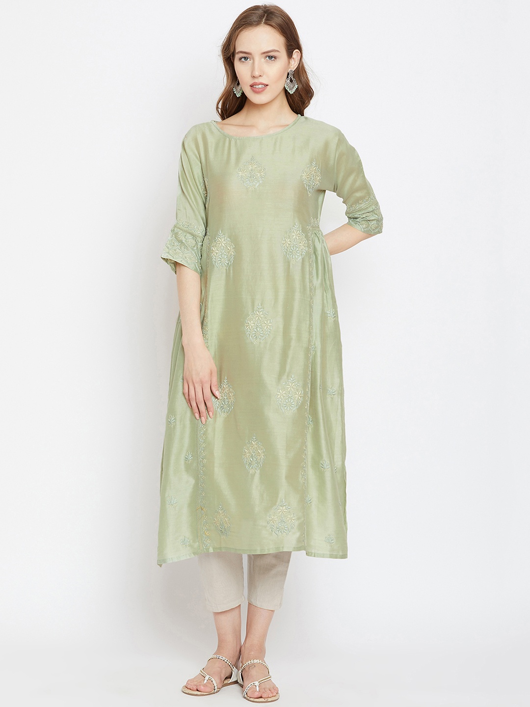 

The Kaftan Company Women Green Embroidered A-Line Kurta