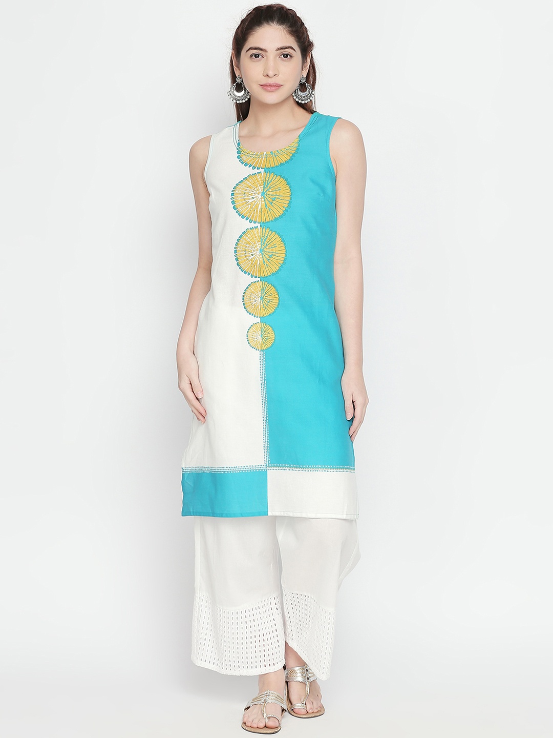 

RANGMANCH BY PANTALOONS Women Blue & White Colourblocked Straight Kurta