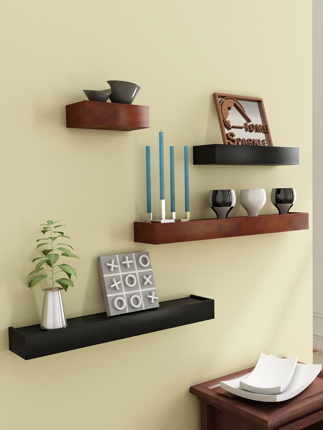 

Home Sparkle Black & Brown Set of 4 MDF Basic Wall Shelves