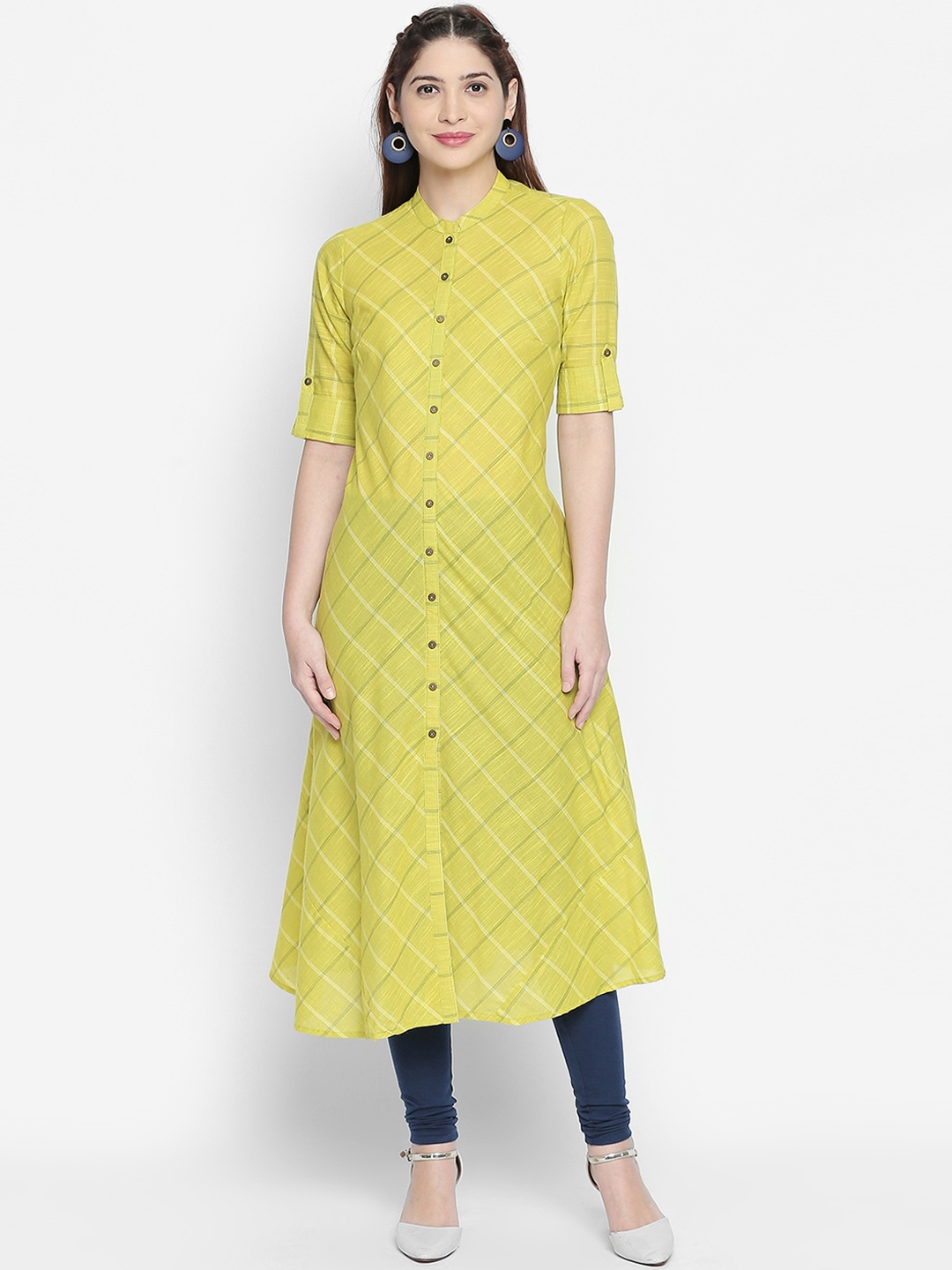 

RANGMANCH BY PANTALOONS Women Yellow Checked A-Line Kurta