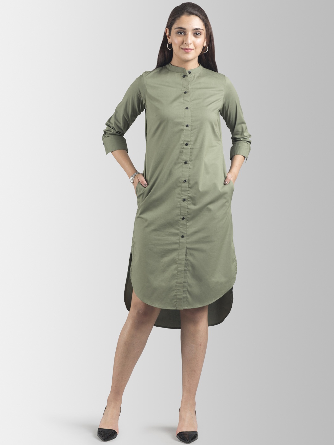 

FableStreet Women Olive Green Solid Shirt Dress