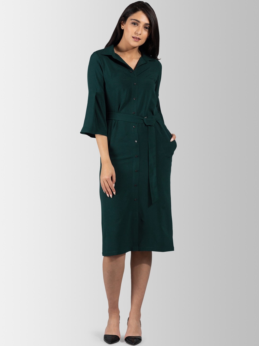 

FableStreet Women Green Solid Shirt Dress