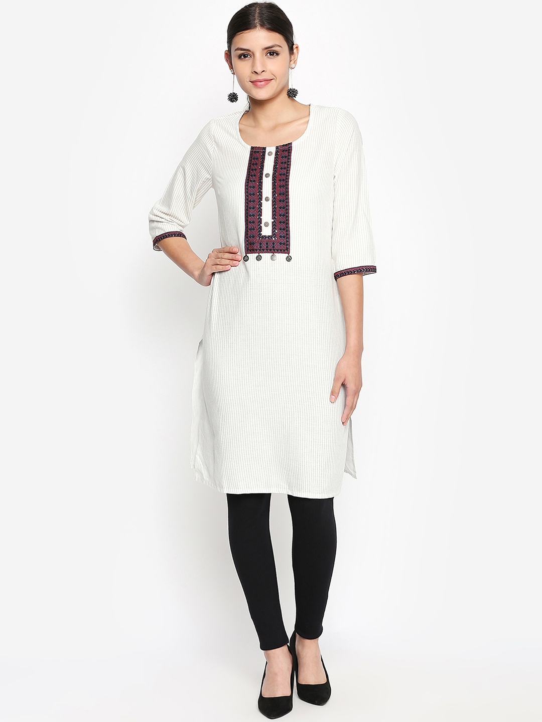 RANGMANCH BY PANTALOONS Women Off-White Striped Straight Kurta