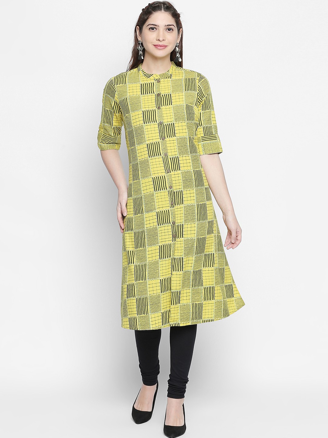 

RANGMANCH BY PANTALOONS Women Yellow Checked A-Line Kurta