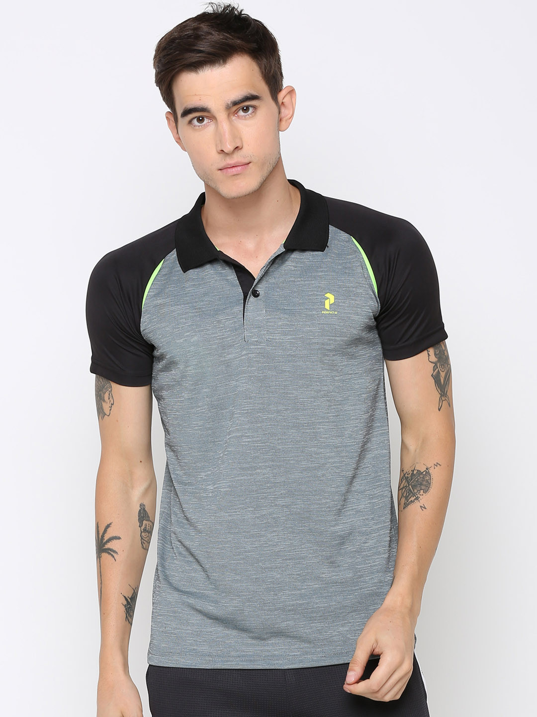 

PERFKT-U Men Grey Colourblocked Polo Collar T-shirt