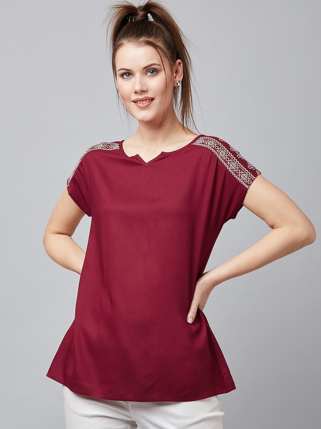 

RARE ROOTS Women Maroon Solid Top