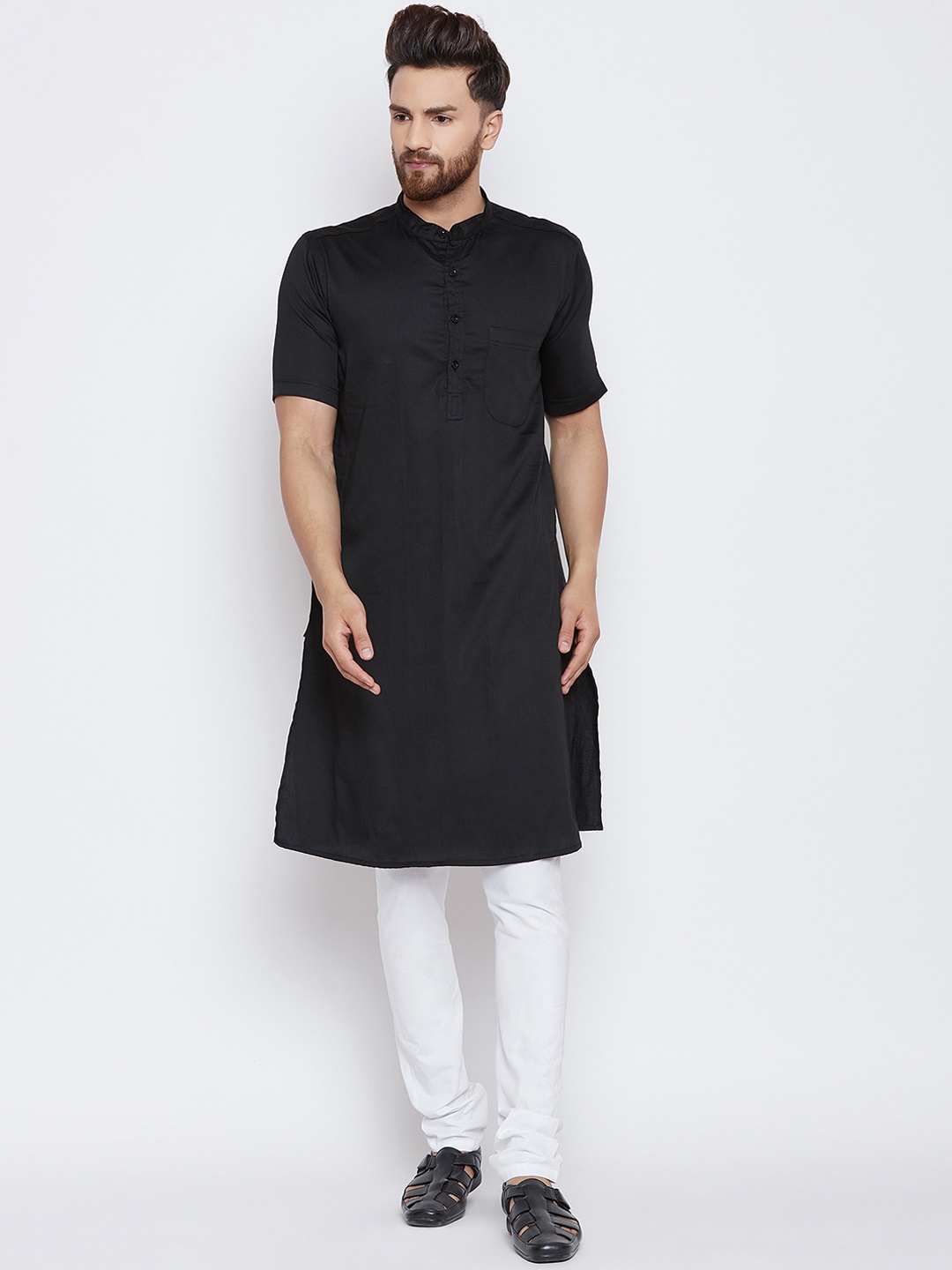 

even Men Black Solid Kurta with White Churidar