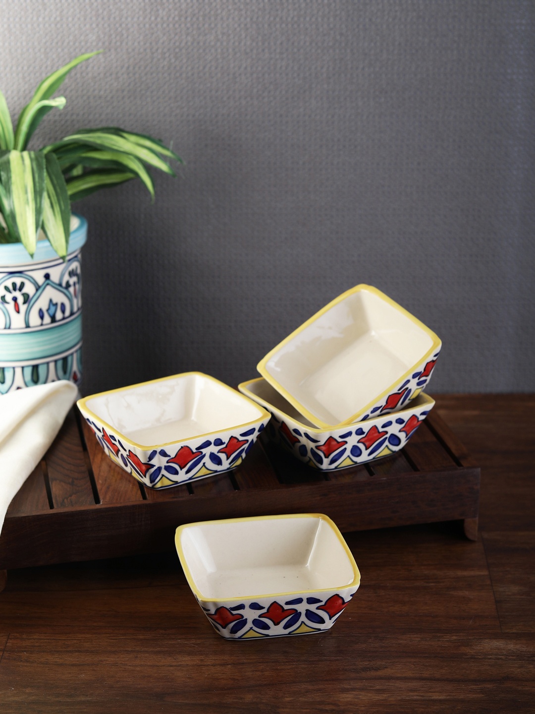 VarEesha Set of 4 Off-White Printed Ceramic Bowls