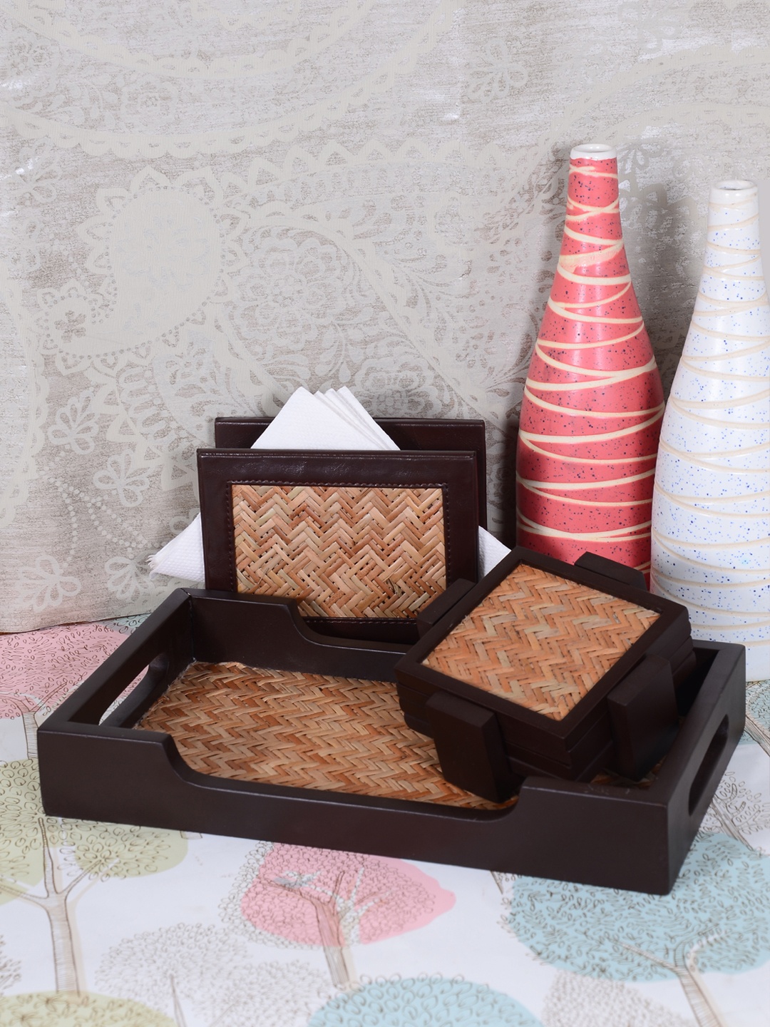 

VarEesha Brown Set of 3 Textured Wood Tissue Holder with Coaster & Tray