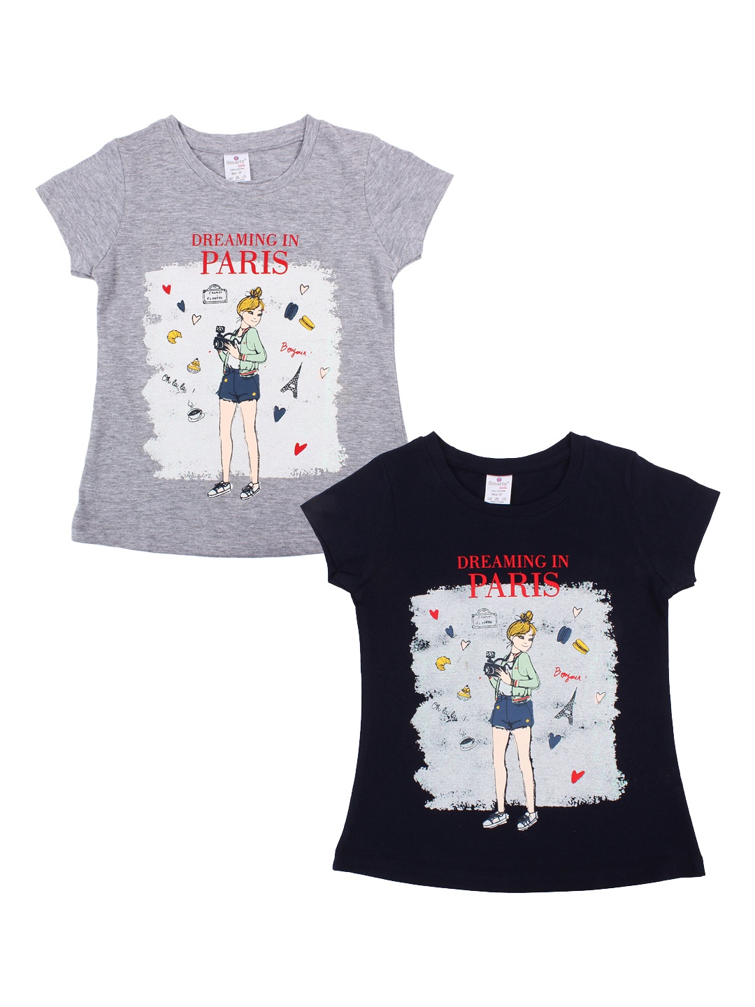 Smarty Girls Pack of 2 Printed Pure Cotton Tops, Black