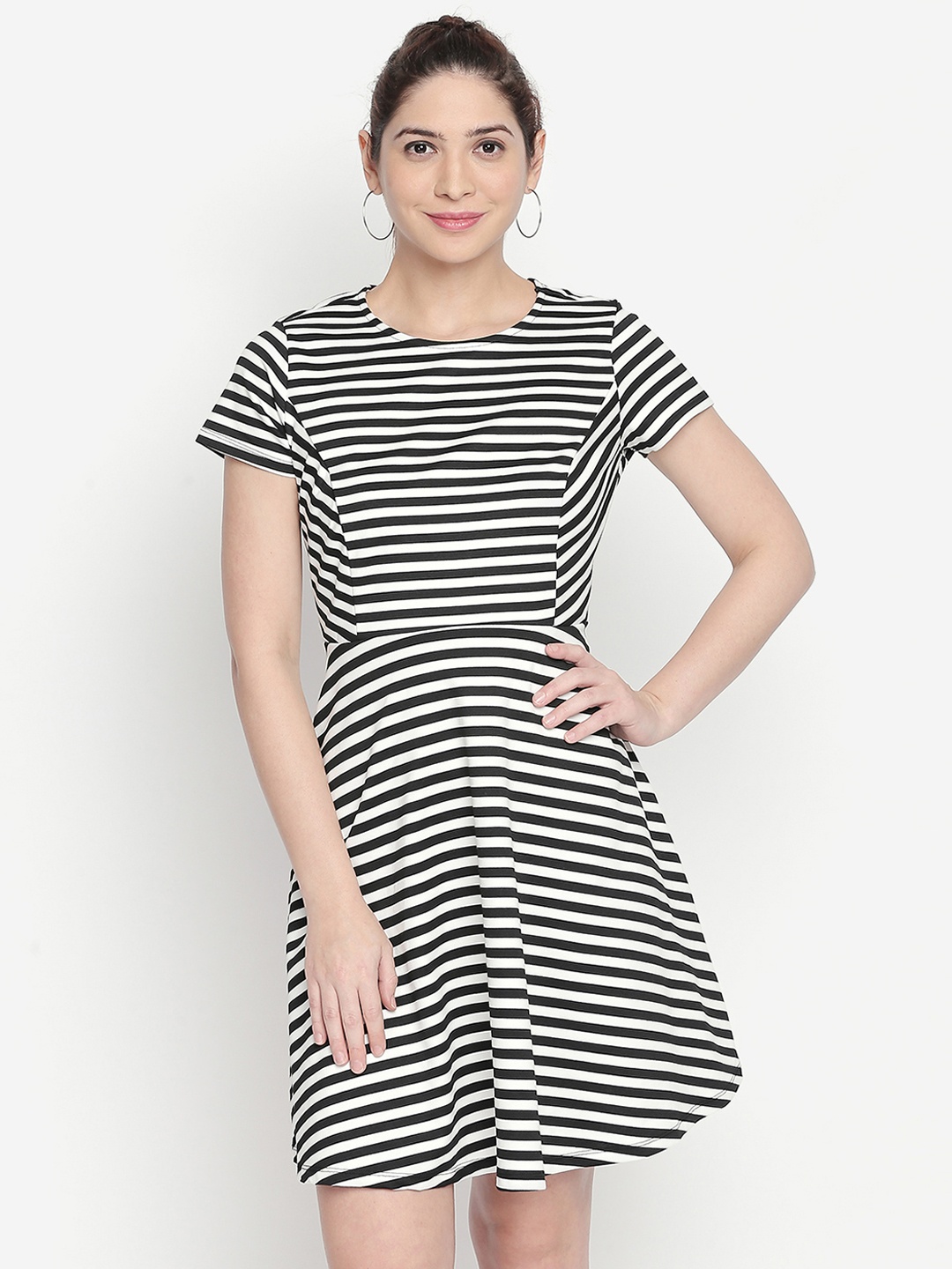 

Honey by Pantaloons Women Black & White Striped Fit and Flare Dress