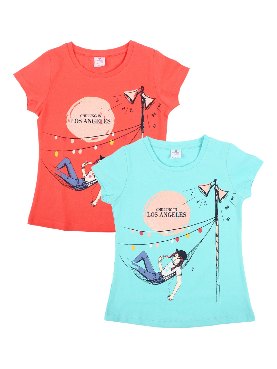 

Smarty Girls Pack of 2 Printed Pure Cotton Tops, Peach