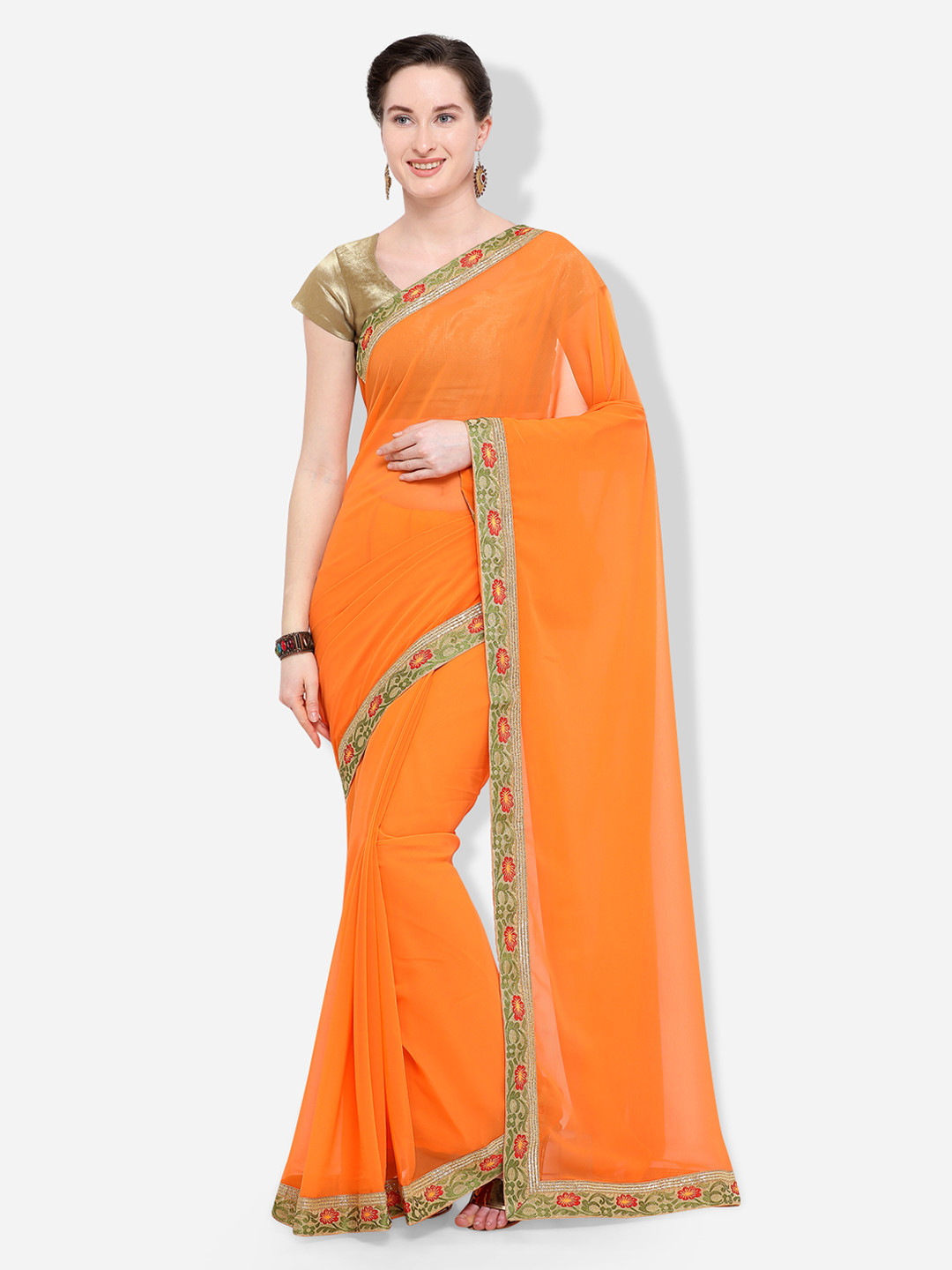 

Kalista Orange Woven Design Poly Georgette Saree