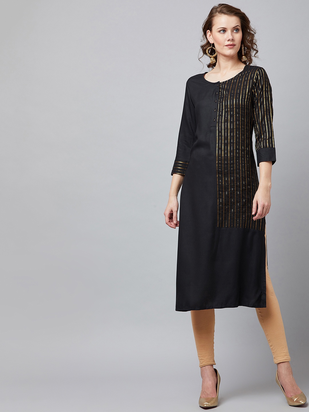 

RARE ROOTS Women Black Striped Straight Kurta