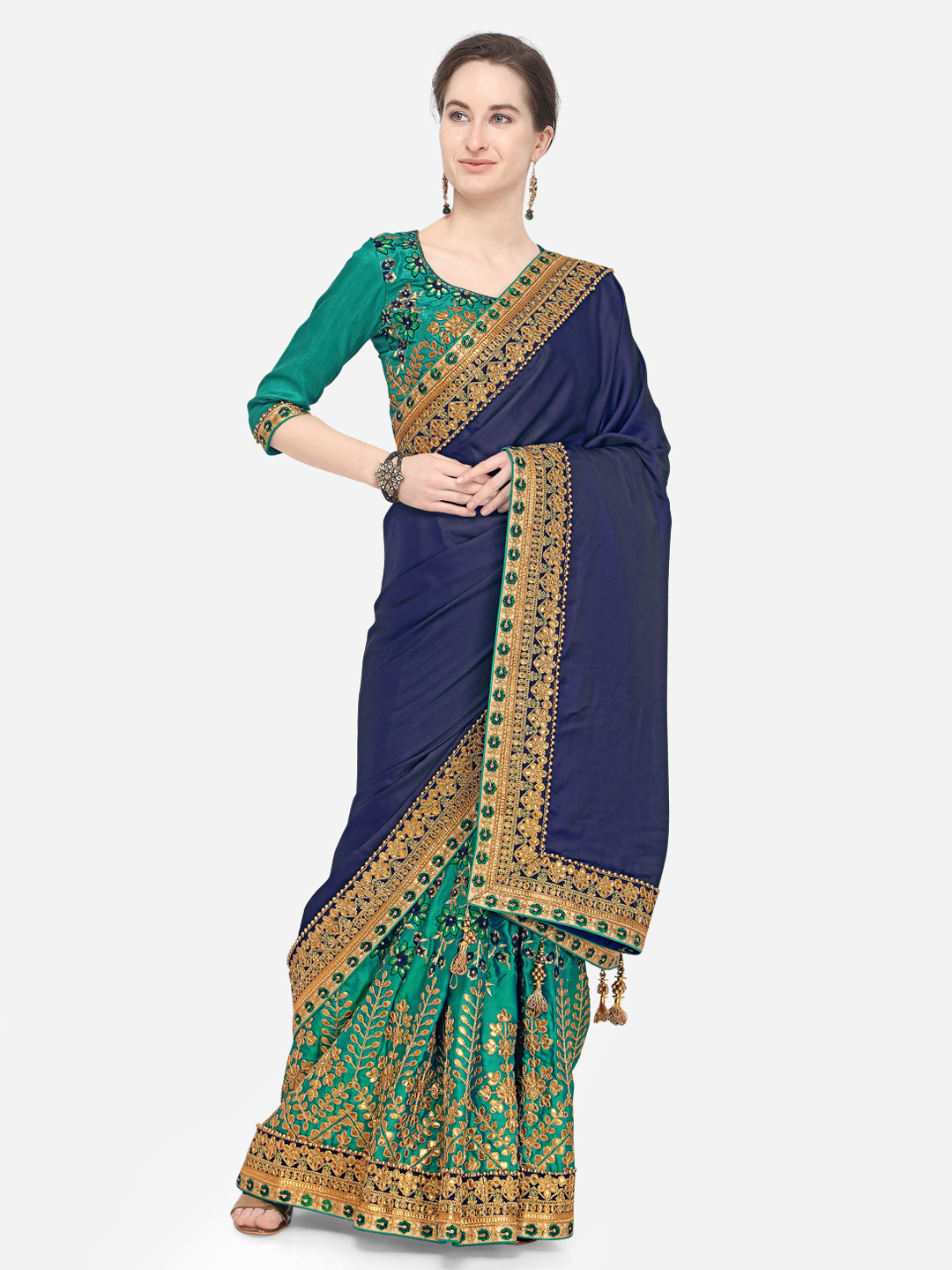 

Indian Women Navy Blue & Green Poly Satin Embroidered Saree