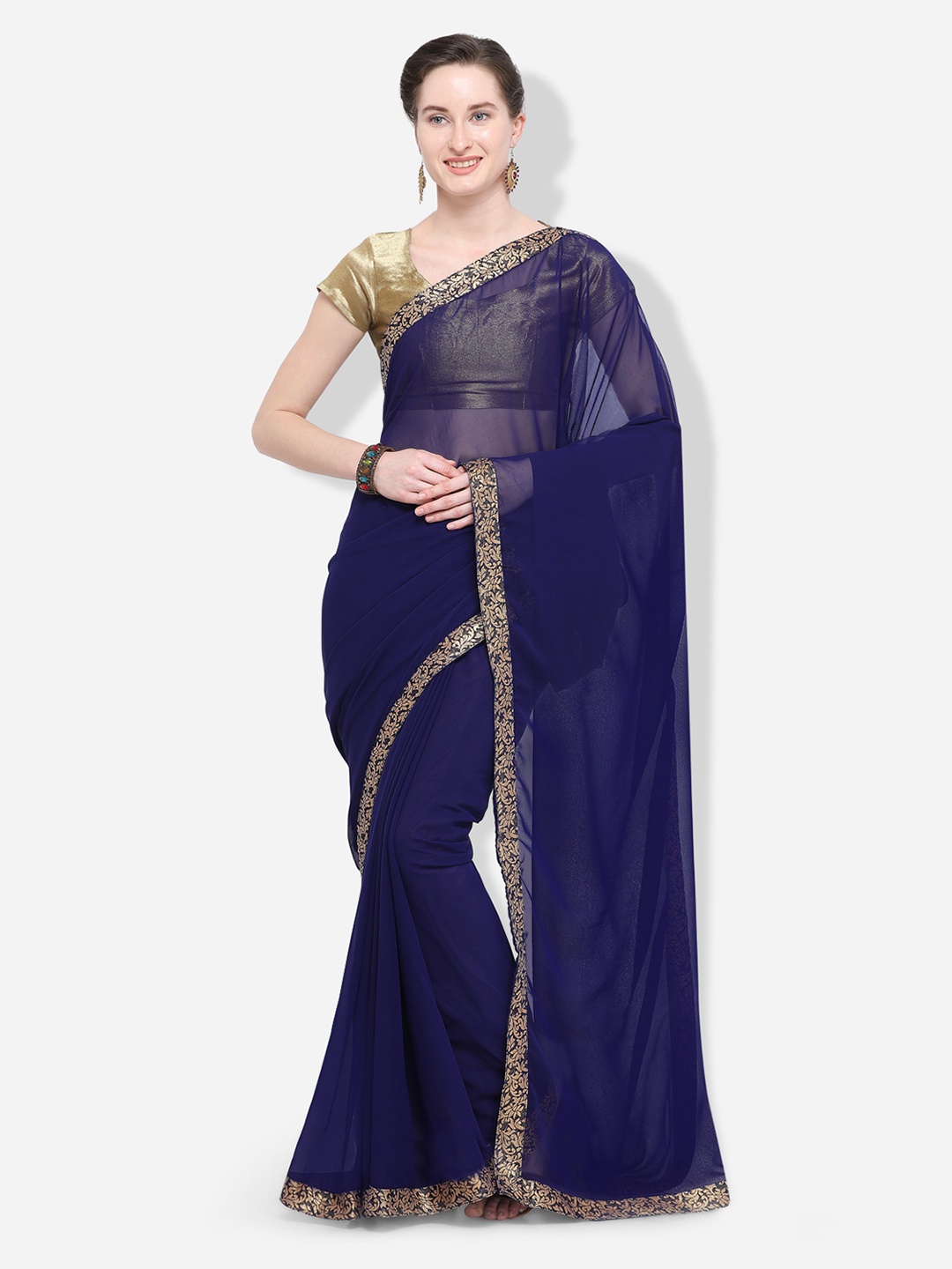 

Kalista Navy Blue Woven Design Poly Georgette Saree