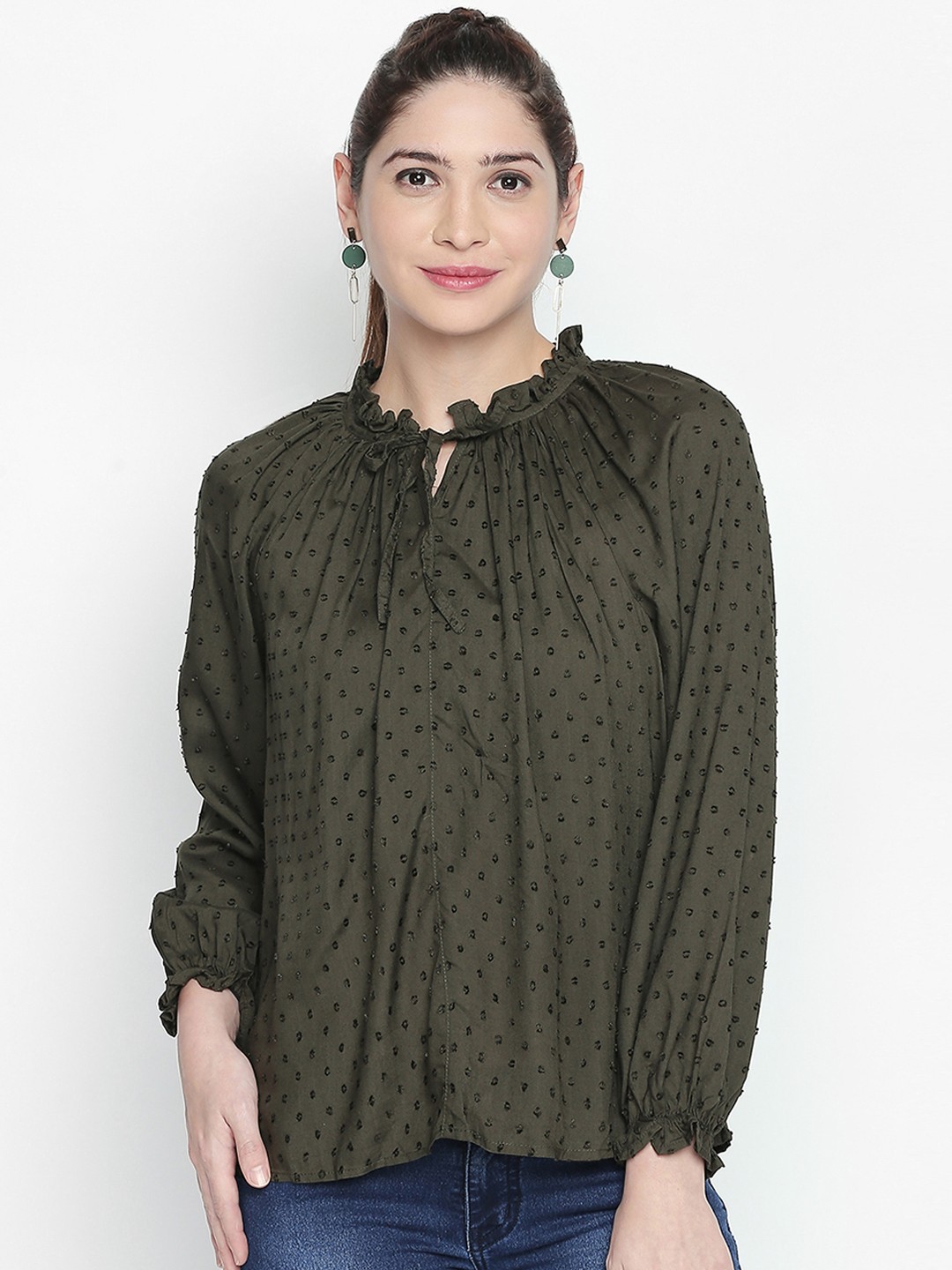 

Honey by Pantaloons Women Olive Green Self Design A-Line Top