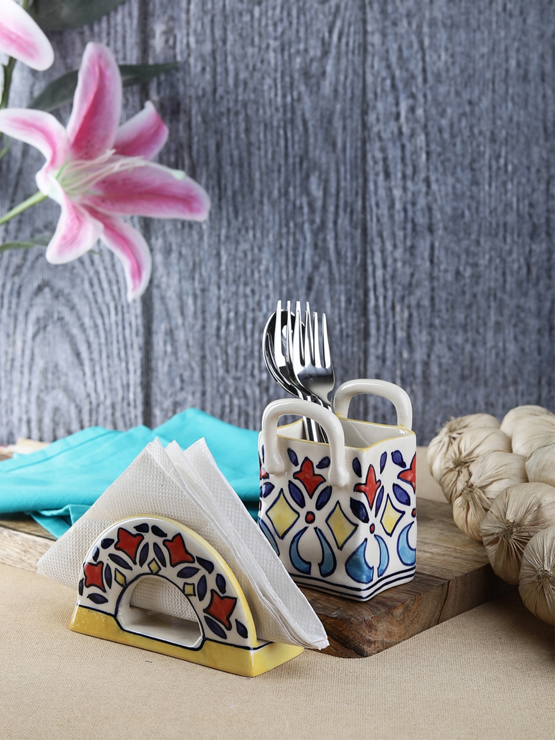 

VarEesha Set of 2 Off-White & Red Printed Ceramic Tissue Holder with Cutlery Holder
