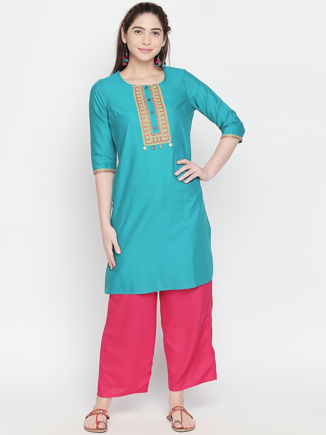 

RANGMANCH BY PANTALOONS Women Turquoise Blue Yoke Design Straight Kurta