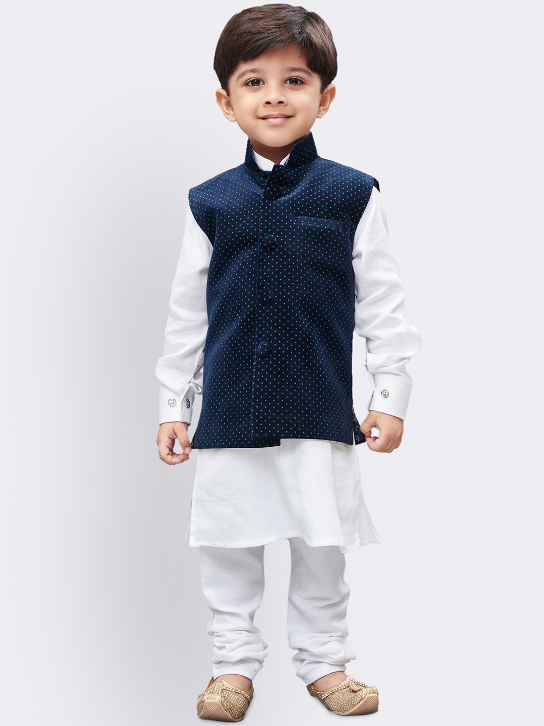 

JBN Creation Boys White & Navy Blue Solid Kurta with Churidar and Jacket