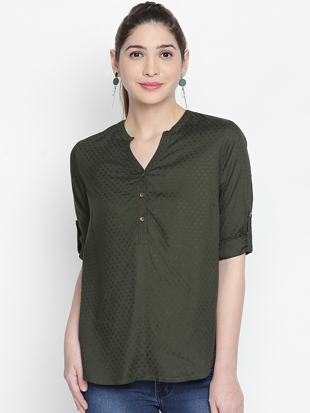 

Honey by Pantaloons Women Olive Green Self Design Shirt Style Top