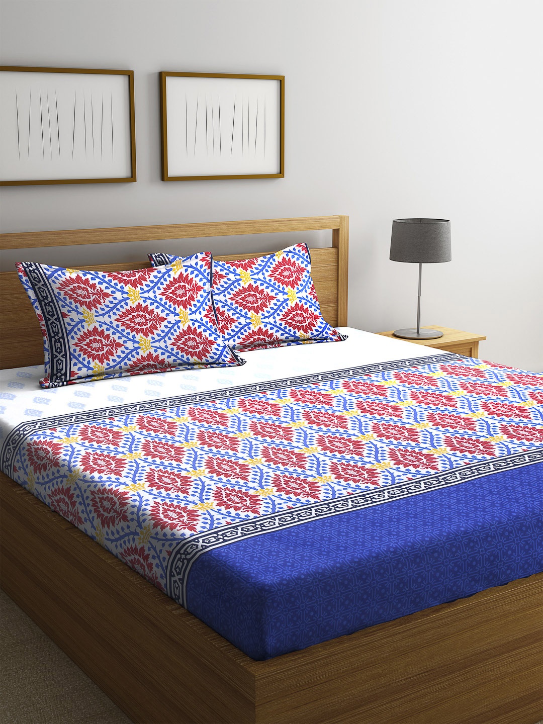 

SWHF Blue & Red Floral 180 TC Cotton 1 Queen Bedsheet with 2 Pillow Covers