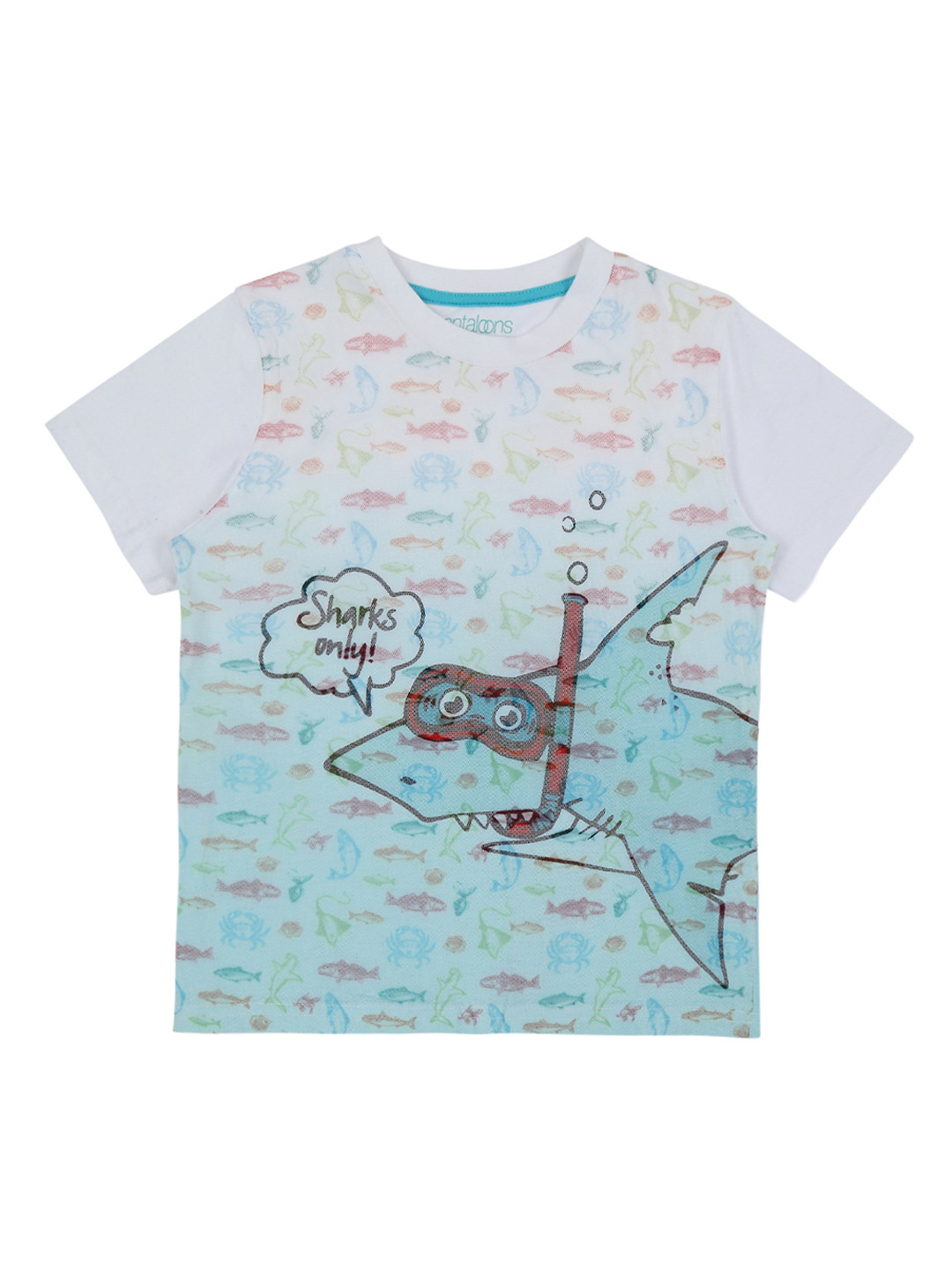 

Pantaloons Junior Boys White Blue Printed Round Neck Pure Cotton T-shirt