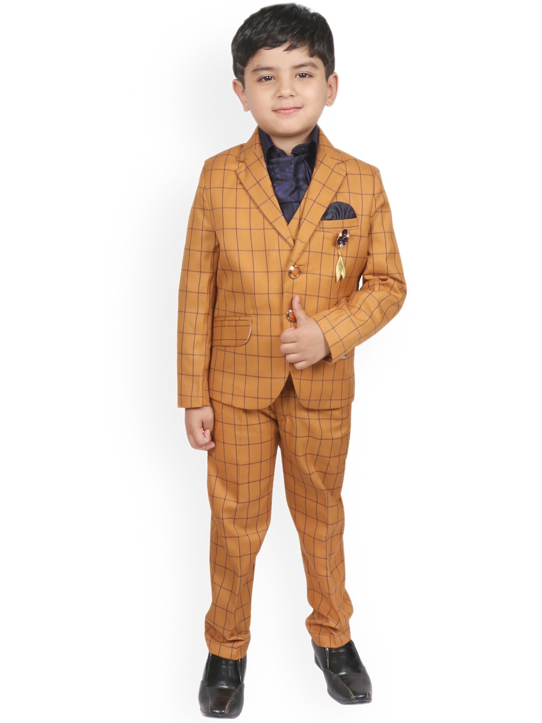 

SG YUVRAJ Boys Yellow & Navy BlueChecked Single-Breasted Suit