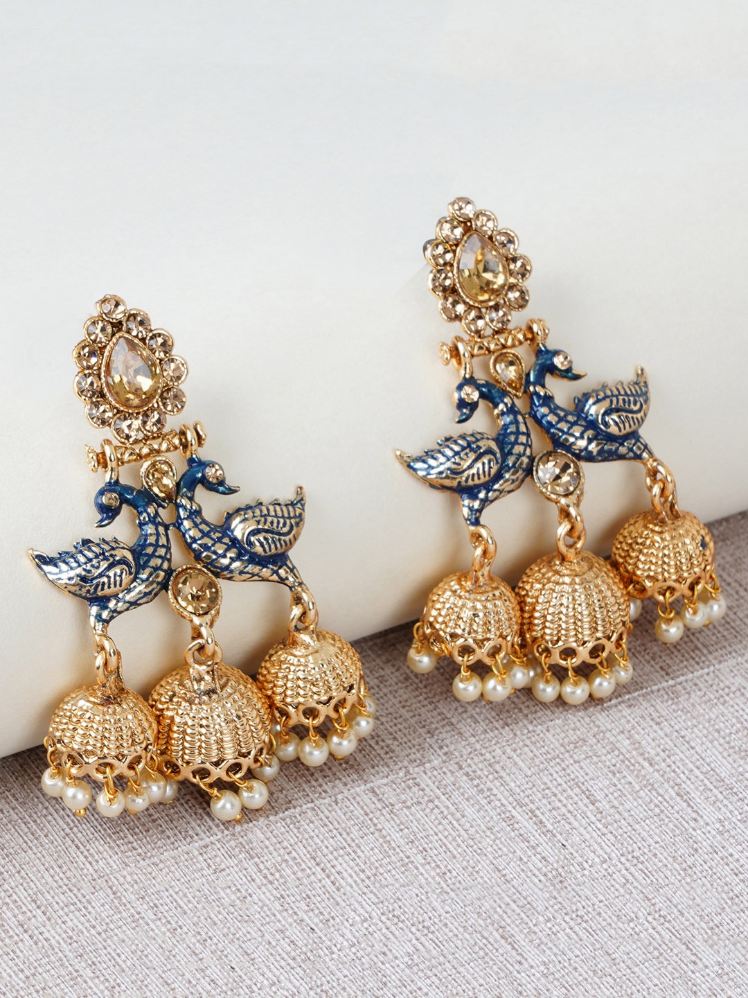 

Shining Diva Gold-Plated & Blue Dome Shaped Jhumkas